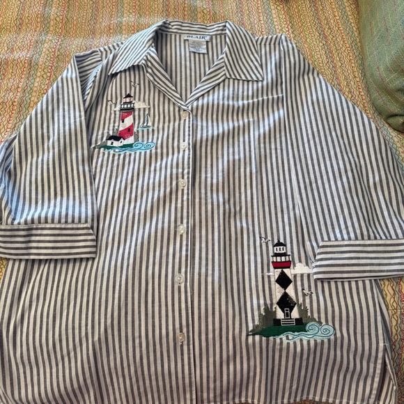 Vintage Blair Gray/White Striped Shirt with Lighthouse Embroidery Size SML - Picture 6 of 8